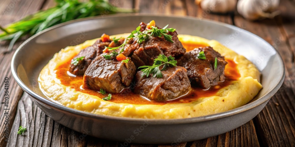 Braised beef with creamy polenta, Italian cuisine, comfort food, slow cooking, savory, tender meat Braised beef with creamy polenta, Italian cuisine, comfort food, slow cooking, savory, tender meat