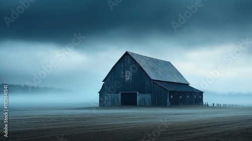 Large rustic barn on a foggy field with a moody sky and distant tree line creating an atmospheric rural scene