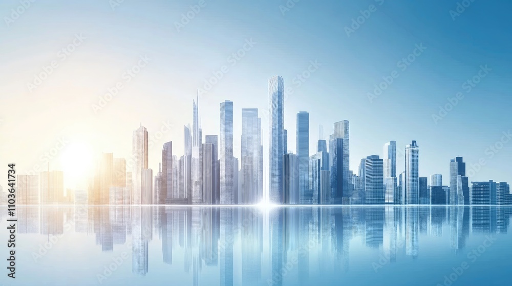 Futuristic skyline with sleek skyscrapers and a reflective water surface under a bright blue sky, showcasing advanced urban design and technology. Futuristic skyline with sleek skyscrapers and a reflective water surface under a bright blue sky, showcasing advanced urban design and technology.