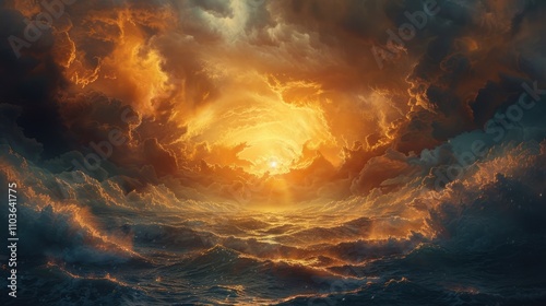 A dramatic sunset over turbulent ocean waves, showcasing vibrant colors and dynamic clouds.