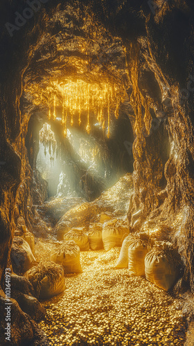 Treasure Cave Filled with Gold Coins and Sacks