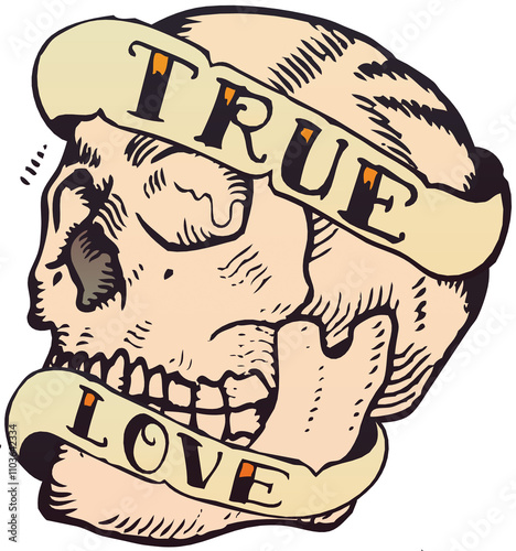 Tête de mort Tattoo old school style tatouage banderole true love photo