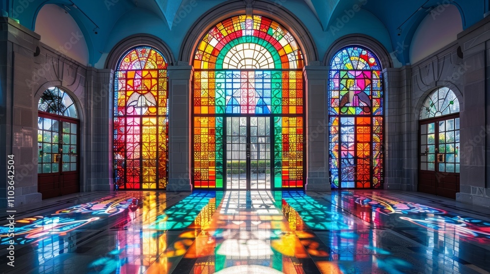 Colorful stained glass windows cast vibrant reflections on a polished floor. AI generative. . Colorful stained glass windows cast vibrant reflections on a polished floor. AI generative. .