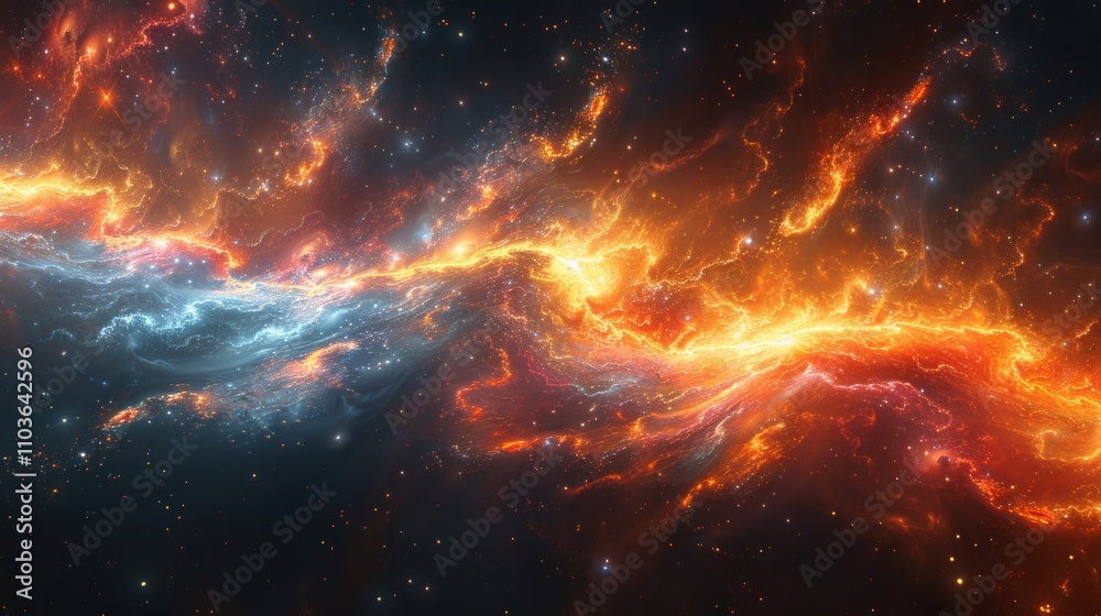 Cosmic nebula with swirling blue and orange clouds, scattered stars, and a dark background. AI generative. . Cosmic nebula with swirling blue and orange clouds, scattered stars, and a dark background. AI generative. .