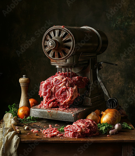 Product photography of raw meat being ground by an old-fashioned meat grinder machine, on a wooden table with a dark background, and some vintage kitchen tools around the side of it. photo