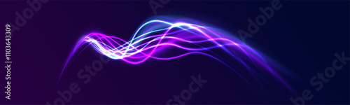 Creative vector illustration of flying cosmic meteor, planetoid, comet, fireball isolated on transparent background. Effect, png, wave,neon,line. Light arc in neon colors, in the form of a turn.