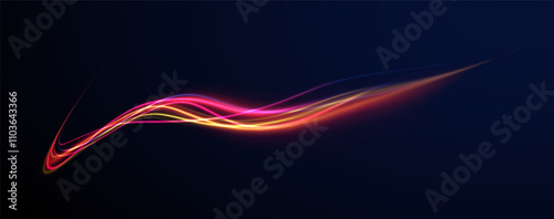 Creative vector illustration of flying cosmic meteor, planetoid, comet, fireball isolated on transparent background. Effect, png, wave,neon,line. Light arc in neon colors, in the form of a turn.