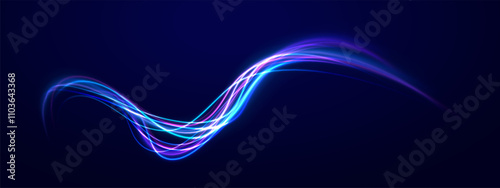 Creative vector illustration of flying cosmic meteor, planetoid, comet, fireball isolated on transparent background. Effect, png, wave,neon,line. Light arc in neon colors, in the form of a turn.