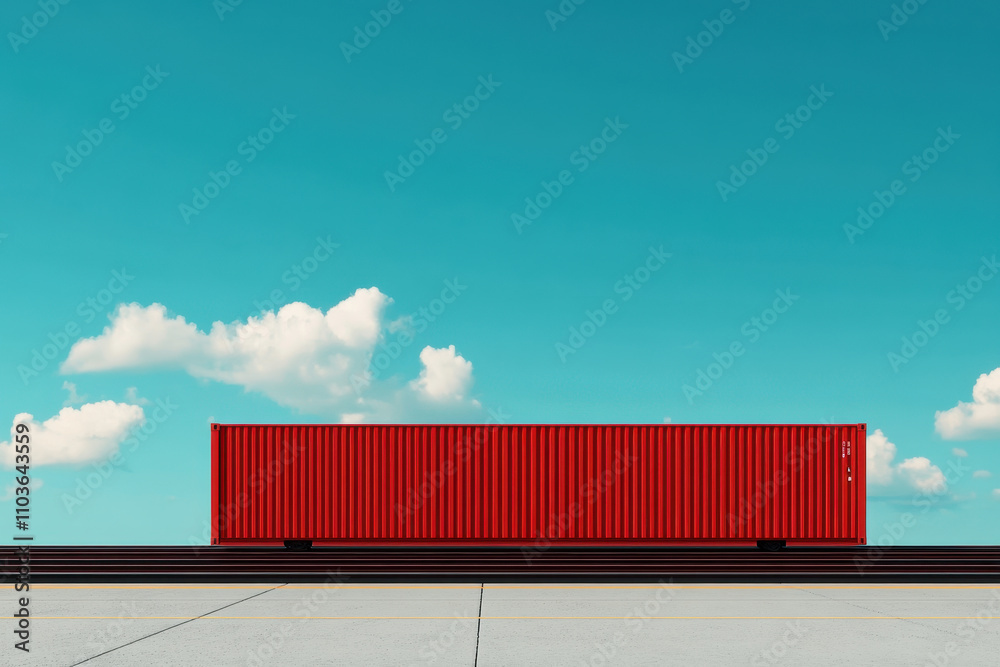 Obraz premium red cargo container stands on railway tracks under bright blue sky with fluffy clouds, creating striking contrast