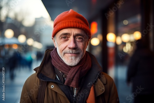 Portrait of a senior man with hat and scarf in the city.