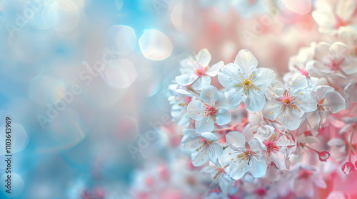 Small white flowers against a gentle soft blue and pink background outdoors. Spring and summer border template. Light, delicate image with free space.