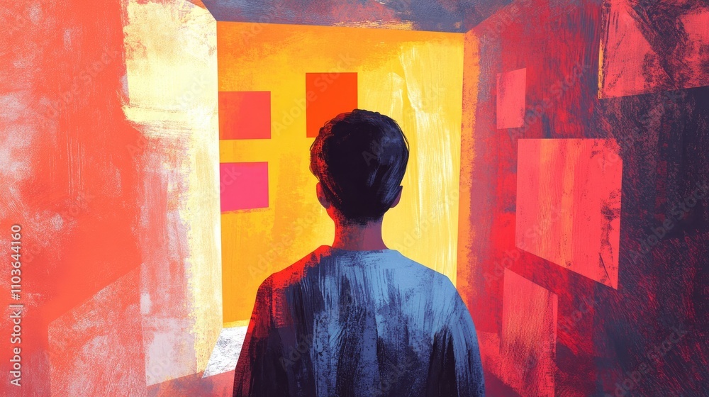 A young person standing with their back to the viewer, illuminated by vibrant colors as they enter a brightly lit new living space. A young person standing with their back to the viewer, illuminated by vibrant colors as they enter a brightly lit new living space.