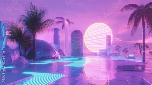Surreal landscape featuring vibrant neon colors and retro-futuristic elements with palm trees, a glowing sun, and reflective surfaces evoking Y2K aesthetics.