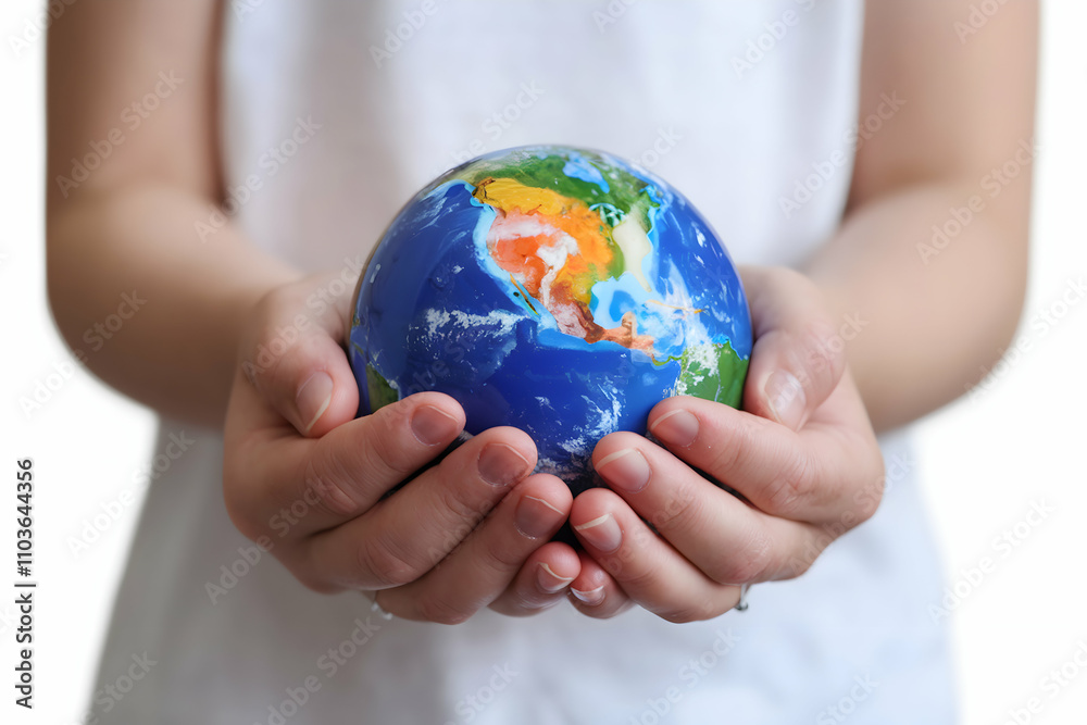 Hands cradle blue globe against plain backdrop Hands cradle blue globe against plain backdrop