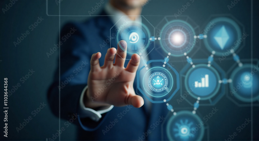 businessman pushing a button on a screen businessman pushing a button on a screen