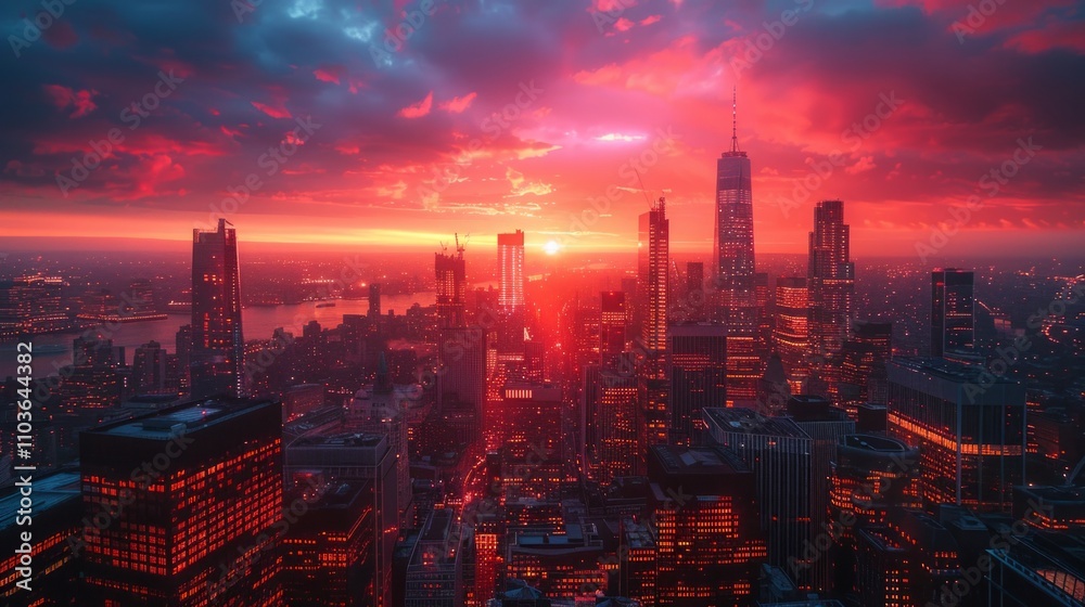 A glowing cityscape with an intense red sunset and skyscrapers. AI generative. . A glowing cityscape with an intense red sunset and skyscrapers. AI generative. .