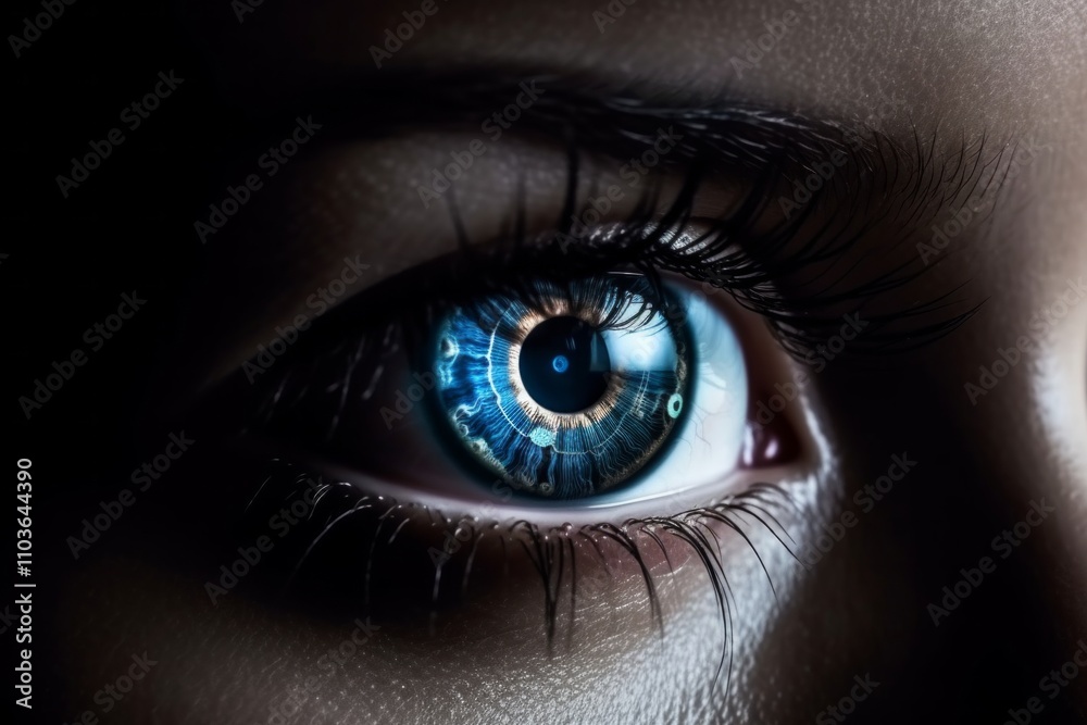 Fototapeta premium Close up of an eye with a blue iris that looks like a digital circuit board. AI generative. .