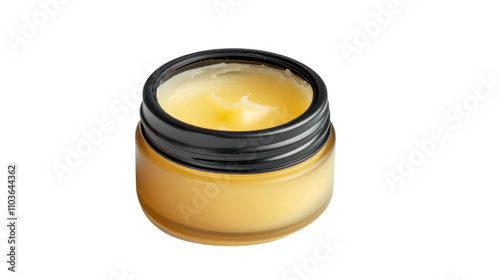 Natural skincare balm in a small jar showcasing its smooth texture and vibrant color on a clean white background.