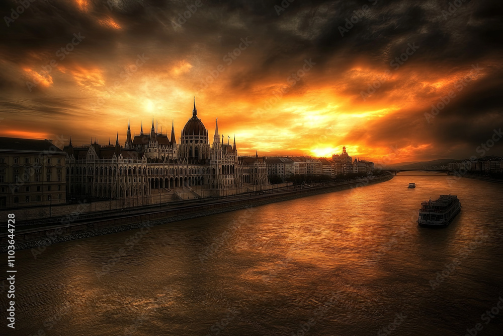 Fototapeta premium Photo of Spanish-style Gothic architecture in front view, large building with spires and domes overlooking the river in downtown Illusztris during sunset,
