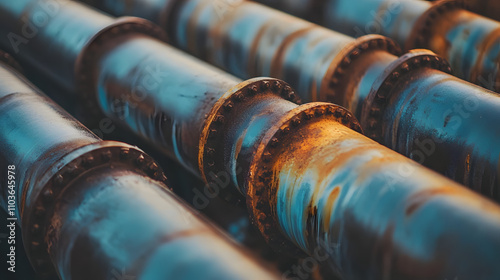 Close-up of rusty, blue-tinged industrial pipes, showing texture and age.  Flanges and bolts are visible, suggesting a weathered, aged system. photo