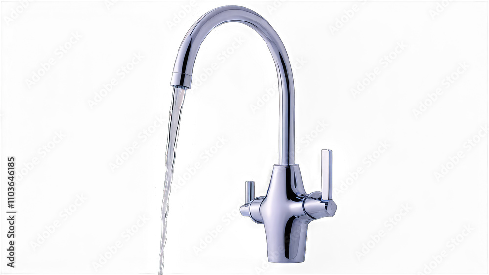 Modern kitchen faucet with water flowing, close-up transparent background Modern kitchen faucet with water flowing, close-up transparent background