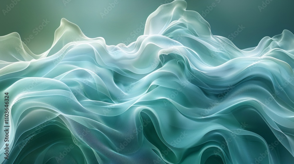 Abstract teal fabric with flowing waves and light green highlights. AI generative. .
