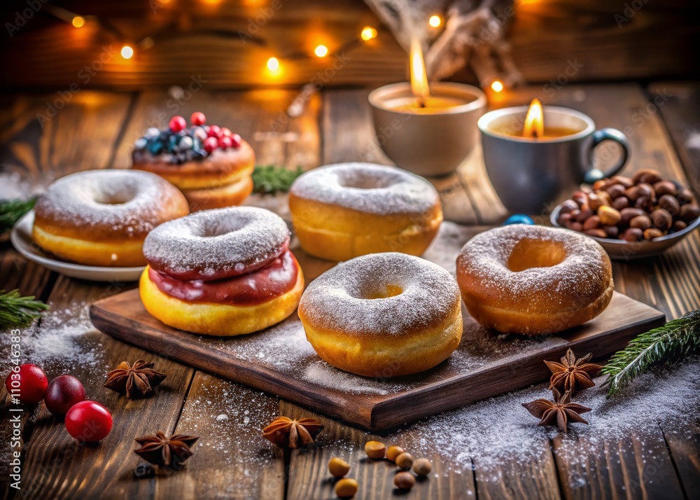 Indulgent Donuts Dusted with Icing Sugar Captured in Soft Low Light, Creating a Cozy and Inviting Atmosphere for Dessert Lovers Indulgent Donuts Dusted with Icing Sugar Captured in Soft Low Light, Creating a Cozy and Inviting Atmosphere for Dessert Lovers