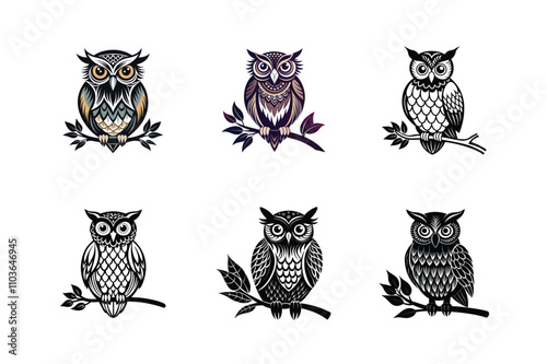 Owl Silhouette Vector Set - Nocturnal Bird Illustration Sitting on Branch for Elegant and Nature-Inspired Designs