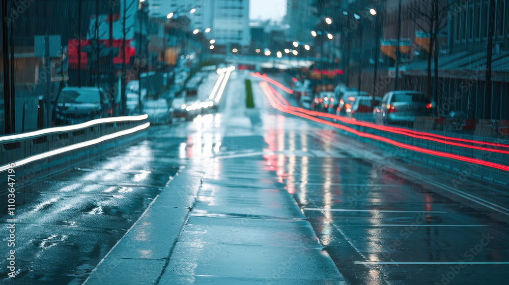 A city road drenched in rain, with blurred lights from passing cars creating streaks of color, evoking a sense of movement and urban life. A city road drenched in rain, with blurred lights from passing cars creating streaks of color, evoking a sense of movement and urban life.