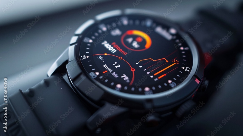 Closeup of a high tech digital watch with a sleek modern design featuring a dashboard style dial with various gauge indicators and digital readouts displaying time measurements and other data Closeup of a high tech digital watch with a sleek modern design featuring a dashboard style dial with various gauge indicators and digital readouts displaying time measurements and other data