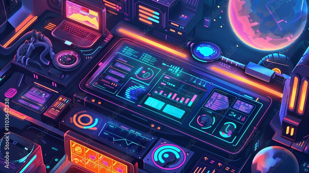 Fototapeta premium Detailed of a complex futuristic digital dashboard or control panel featuring neon lighting interactive holographic screens data visualizations and various high tech interface elements in a cyberpunk