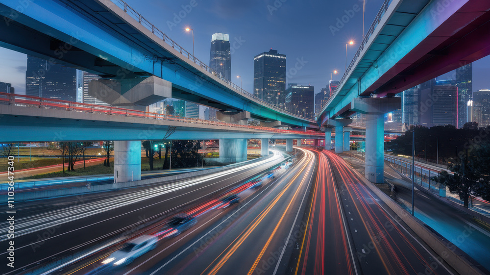 A captivating view of a bustling city interchange at dusk, featuring illuminated overpasses and vibrant light trails from moving vehicles. A captivating view of a bustling city interchange at dusk, featuring illuminated overpasses and vibrant light trails from moving vehicles.