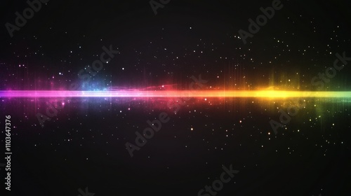 Abstract background with a horizontal rainbow light streak with a dark background and glittering stars.