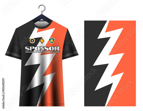 Black and orange soccer jersey, Football shirt. Lightning bolt soccer jersey, Electric soccer jersey, Modern sports jersey.  Energetic football kit, Sporty apparel, Athlete wear.