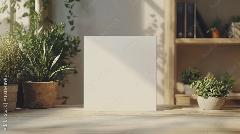 Fototapeta premium White greeting card mockup standing upright on a white wooden desk