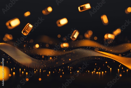 A dynamic visualization of golden capsules and flowing waves against a dark background, evoking a sense of luxury, technology, and movement.