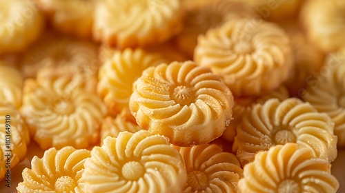 A close-up of intricately designed cookies arranged in a decorative pattern.