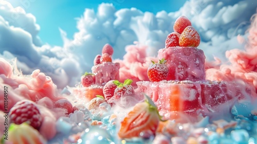 A whimsical dessert scene featuring colorful layered cakes adorned with strawberries and sweets.