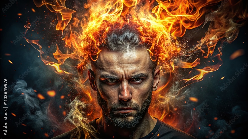 Intense Flames Erupting Around a Man's Head Surrounded by Fiery Light in a Dark Atmosphere, Creating an Eerie and Dramatic Visual of Fire and Emotion Intense Flames Erupting Around a Man's Head Surrounded by Fiery Light in a Dark Atmosphere, Creating an Eerie and Dramatic Visual of Fire and Emotion