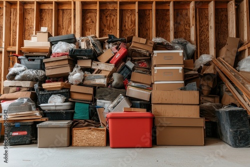 Disorganized Pile of Moving Boxes and Storage Bins in a Garage Space Representing Clutter and Unattended Household Items in a Home Environment