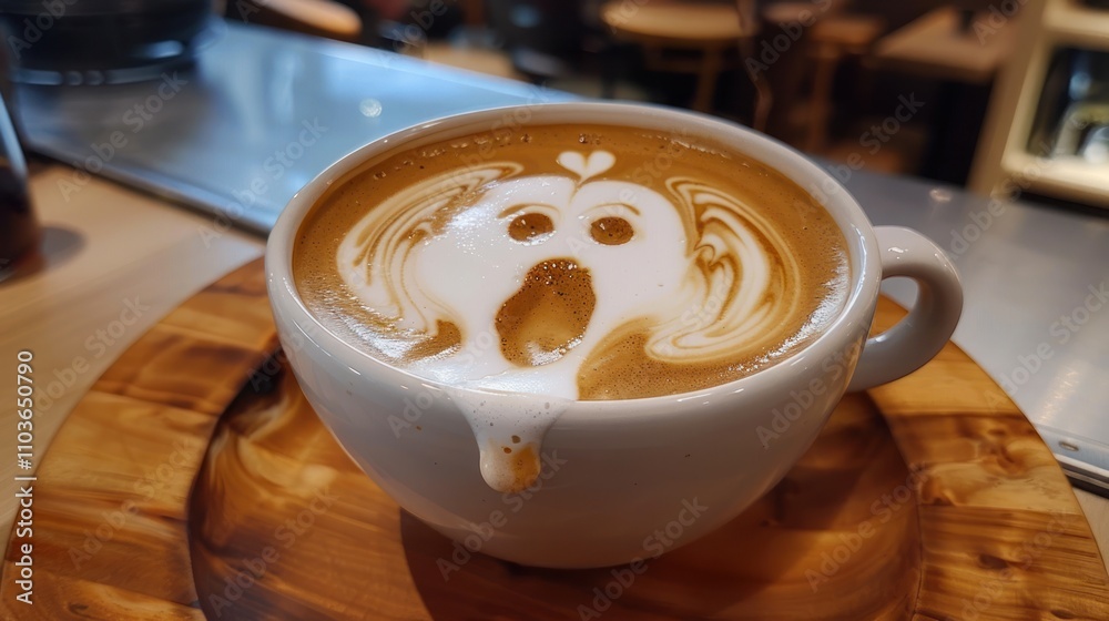 A latte art featuring a ghost design, served in a white cup on a wooden plate. A latte art featuring a ghost design, served in a white cup on a wooden plate.