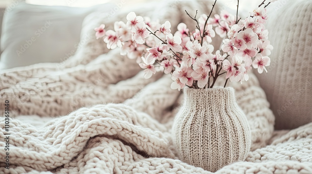 Delicate Spring Flowers in a Knitted Vase, Cozy Home Decor Delicate Spring Flowers in a Knitted Vase, Cozy Home Decor