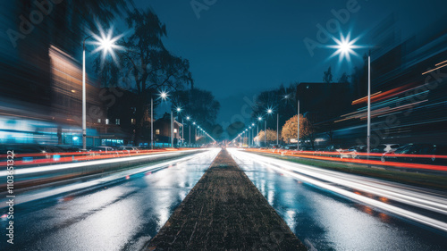 A captivating night scene showcasing a long exposure photograph of a busy street with vibrant light trails and wet pavement reflecting city lights.