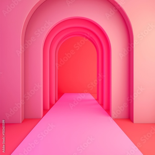 A vibrant, pink-toned hallway with arches leading to a brighter background, creating a warm and inviting atmosphere. 3D style.