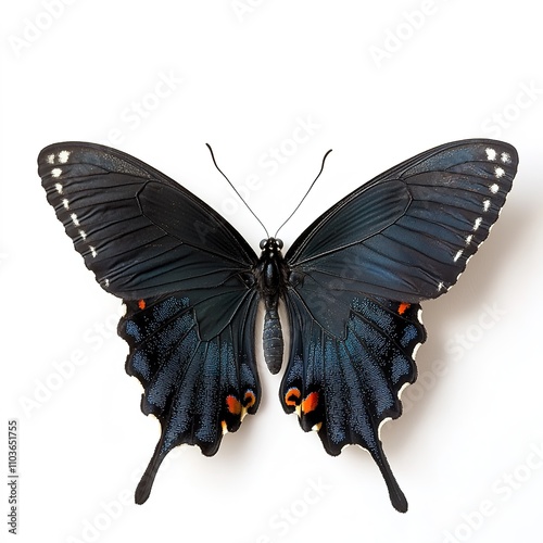 A full-size Pipevine Swallowtail butterfly, captured in intricate detail with its distinctive black wings adorned with blue and orange accents, showcasing its natural beauty without any filled spaces 