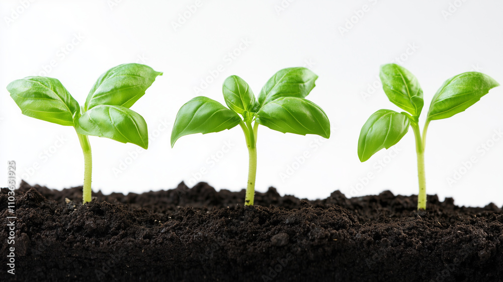 Three green seedlings growing in dark soil on white background Three green seedlings growing in dark soil on white background