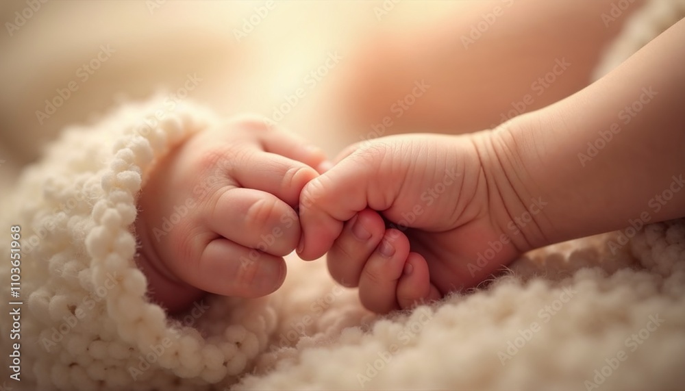 Close-up of newborn baby hands holding in soft blanket Close-up of newborn baby hands holding in soft blanket