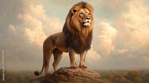 A detailed painting of a majestic lion standing on a rock, overlooking a vast savannah 