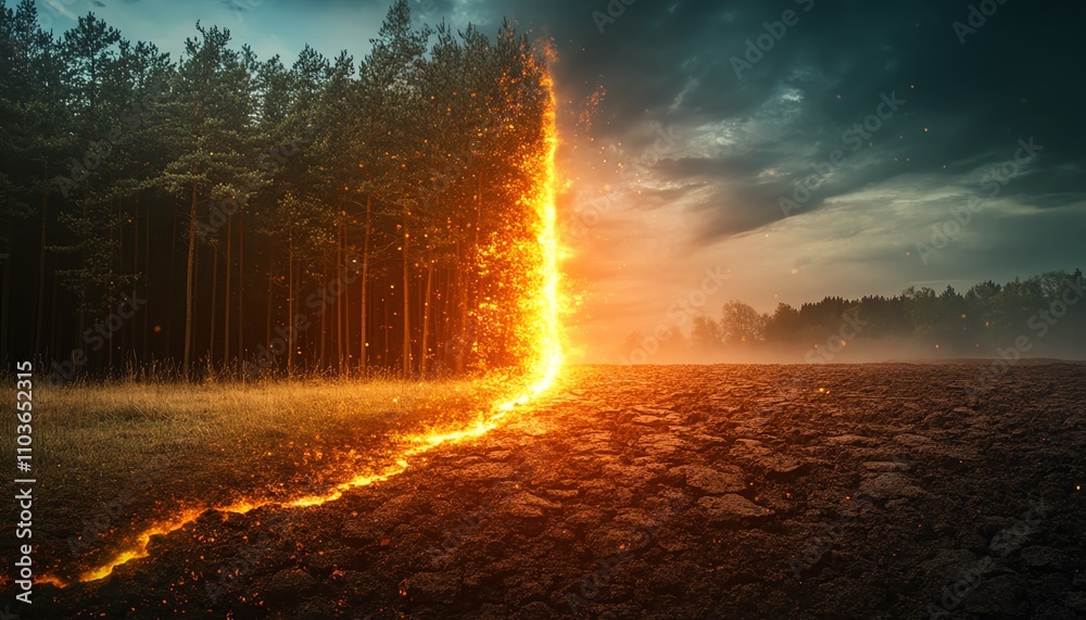 A striking panorama of flourishing forest on one side and lifeless cracked soil on the other A striking panorama of flourishing forest on one side and lifeless cracked soil on the other