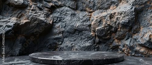 A black stone podium background with a dark rock wall, providing a minimal scene for product presentation mockup, featuring an empty stage showcase platform in front of a black rocky wall